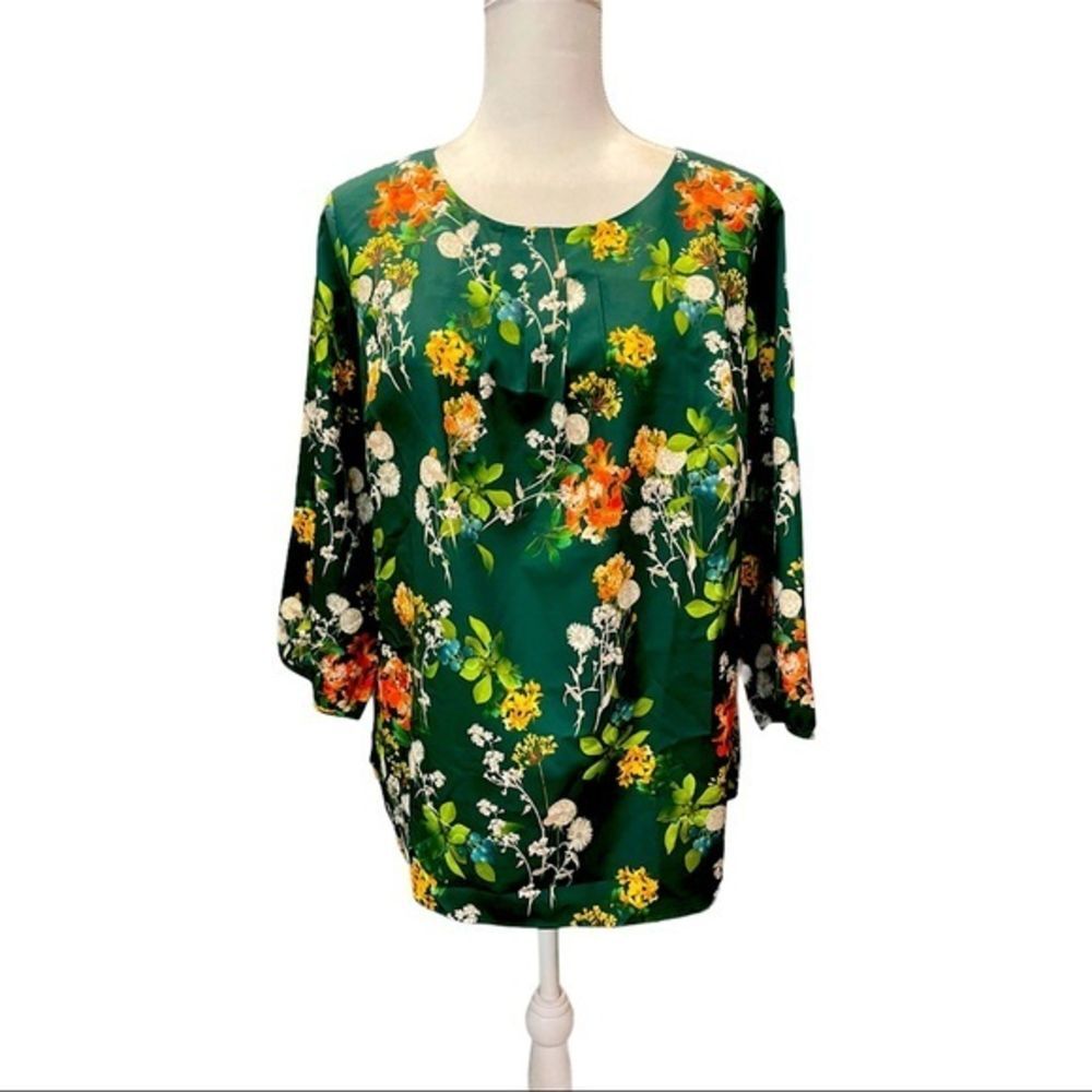 Talbots Gorgeous Emerald Green Fall Time Inspired Florals Blouse - Size …